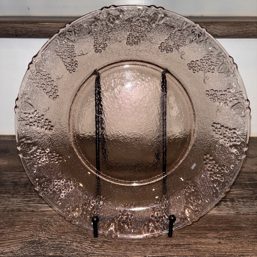 Vintage Depression Pink Glass Plate with Grape Design 9"